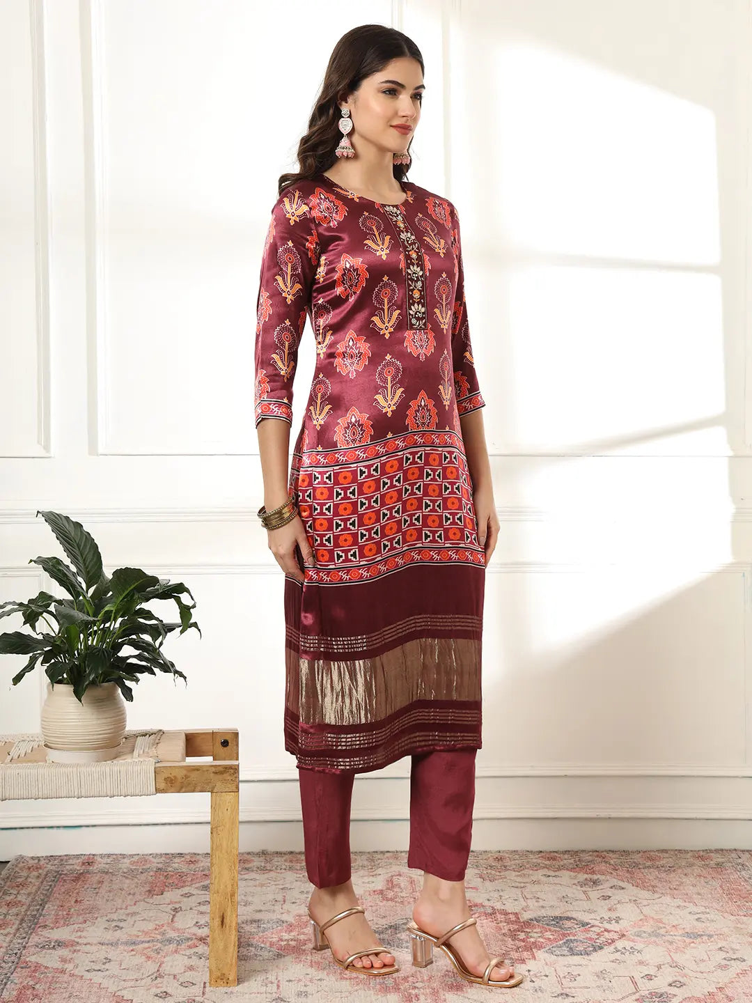 Yufta Burgundy Gajji Silk Kurta Dupatta Pant Set - Distacart