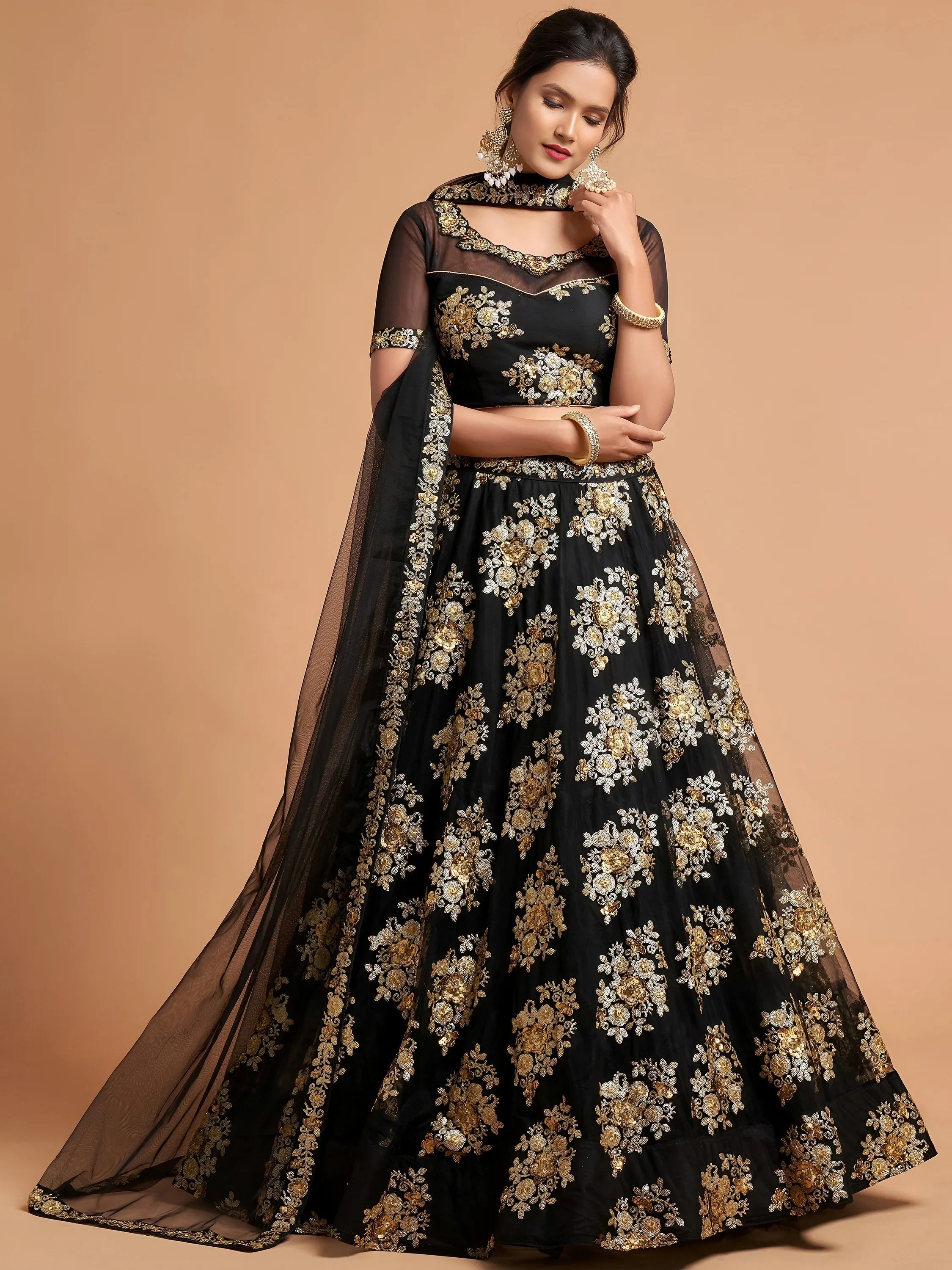 Tulsi Art Awesome Black Zari Embroidery Net Party Wear Lehenga Choli - Dista