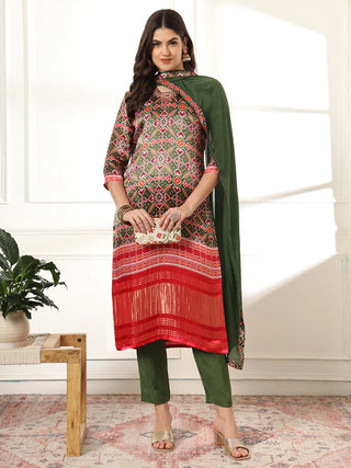 Yufta Green Gajji Silk Ethnic Motifs Kurta Dupatta Pant Set