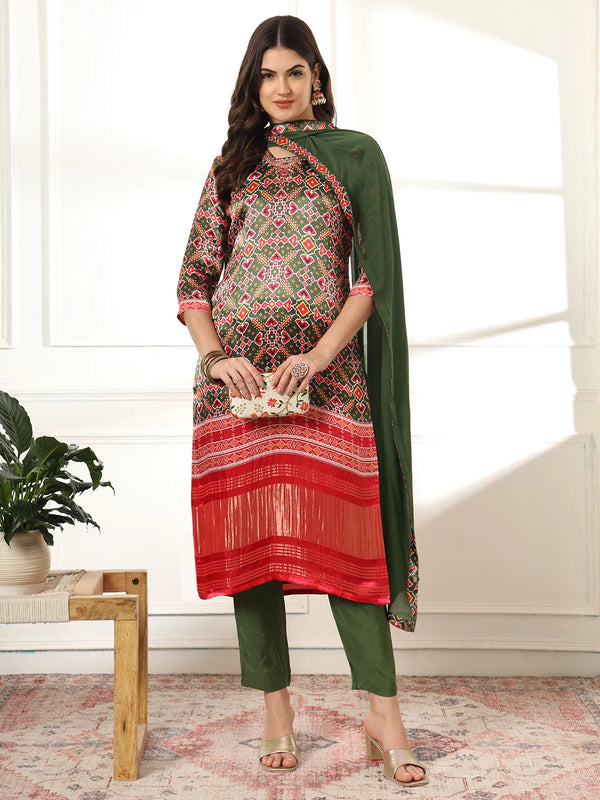 Yufta Green Gajji Silk Ethnic Motifs Kurta Dupatta Pant Set