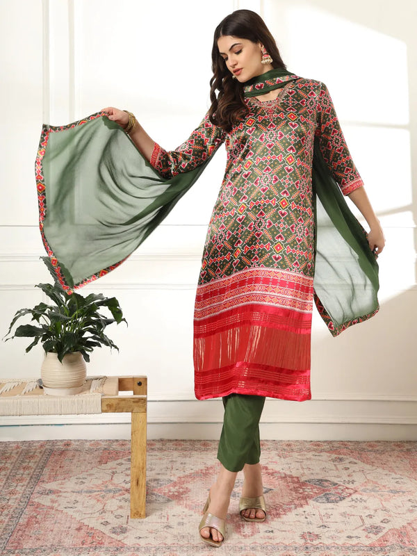 Yufta Green Gajji Silk Ethnic Motifs Kurta Dupatta Pant Set