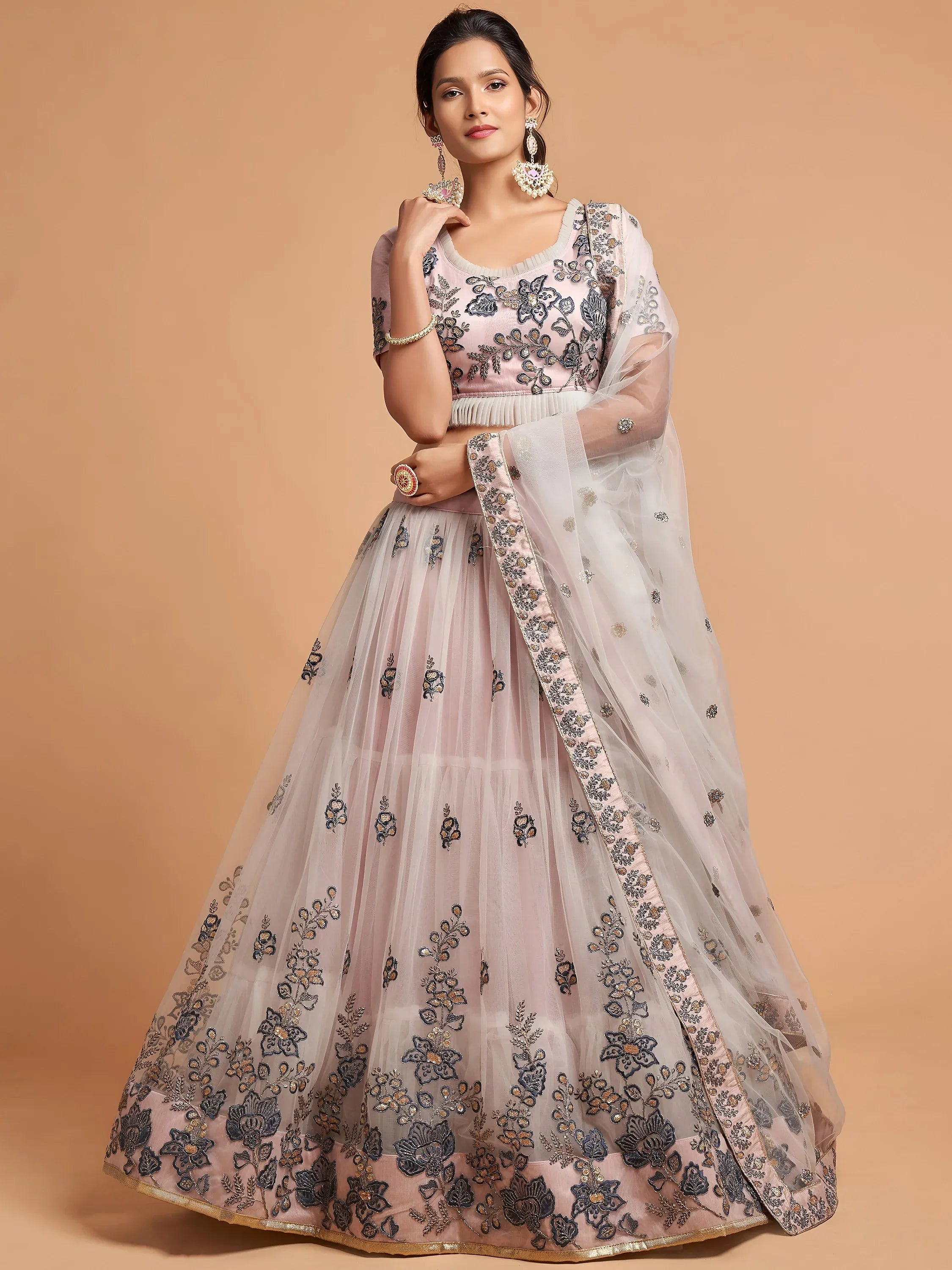 Tulsi Art Brilliant Grey Zari Embroidered Net Party Wear Lehenga Choli - Dista