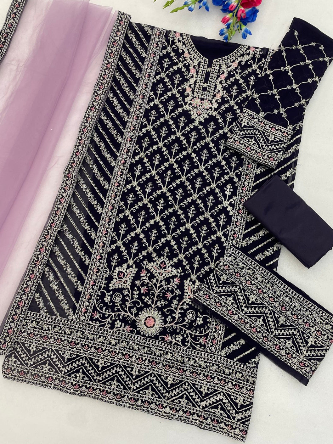 Anaita Purple Georgette Semi Stitched Suit with Embroidery Coding & Sequence Work - Dista
