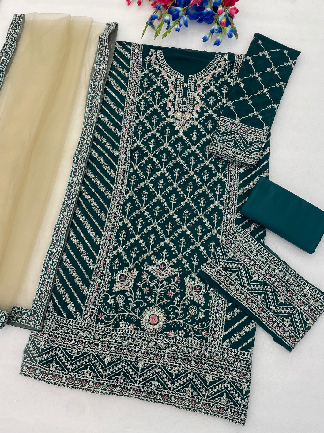 Anaita D Green Georgette Semi Stitched Suit with Embroidery Coding & Sequence Work - Dista