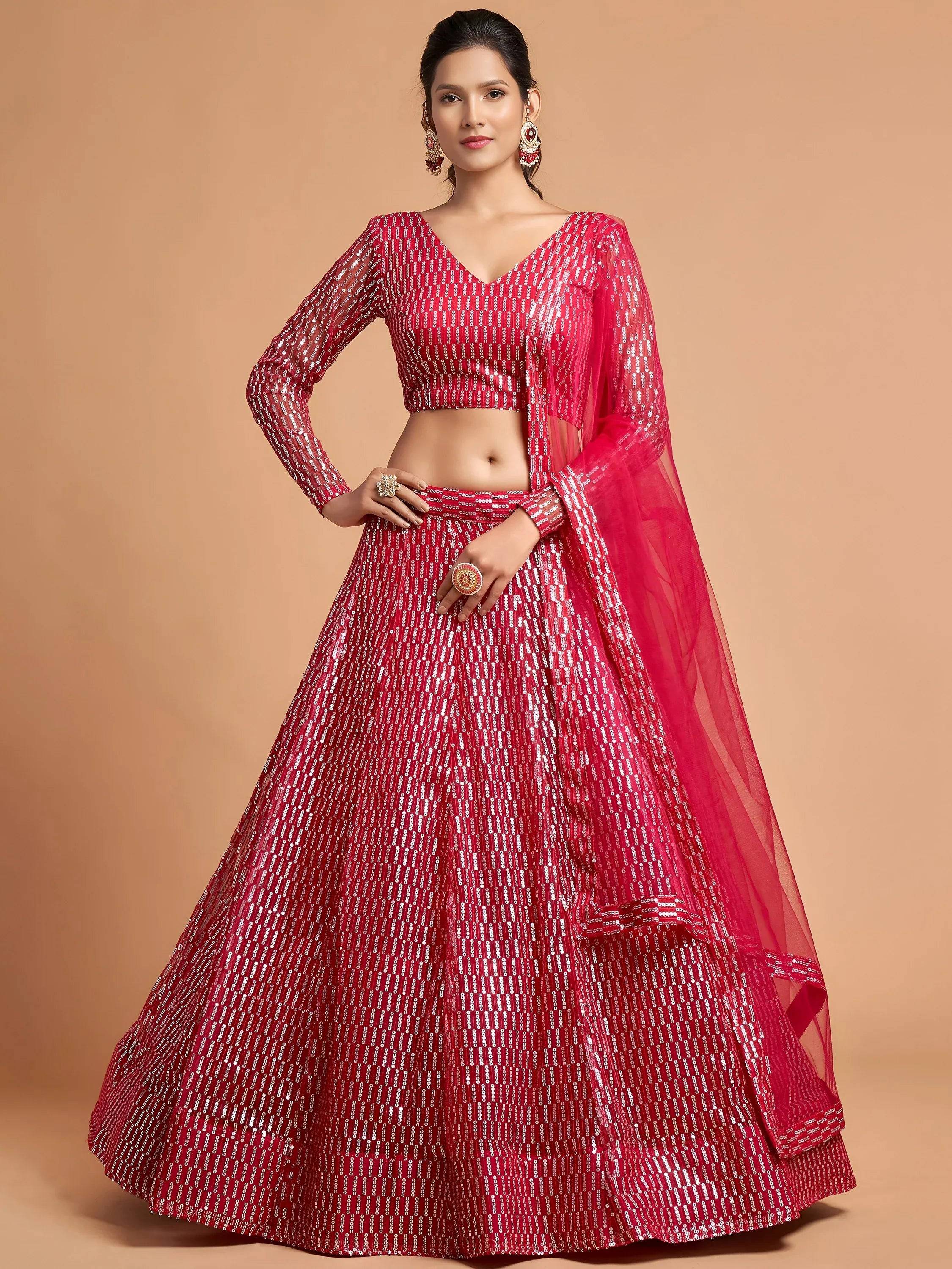 Tulsi Art Hot Pink Thread Embroidered Net Party Wear Lehenga Choli - Dista
