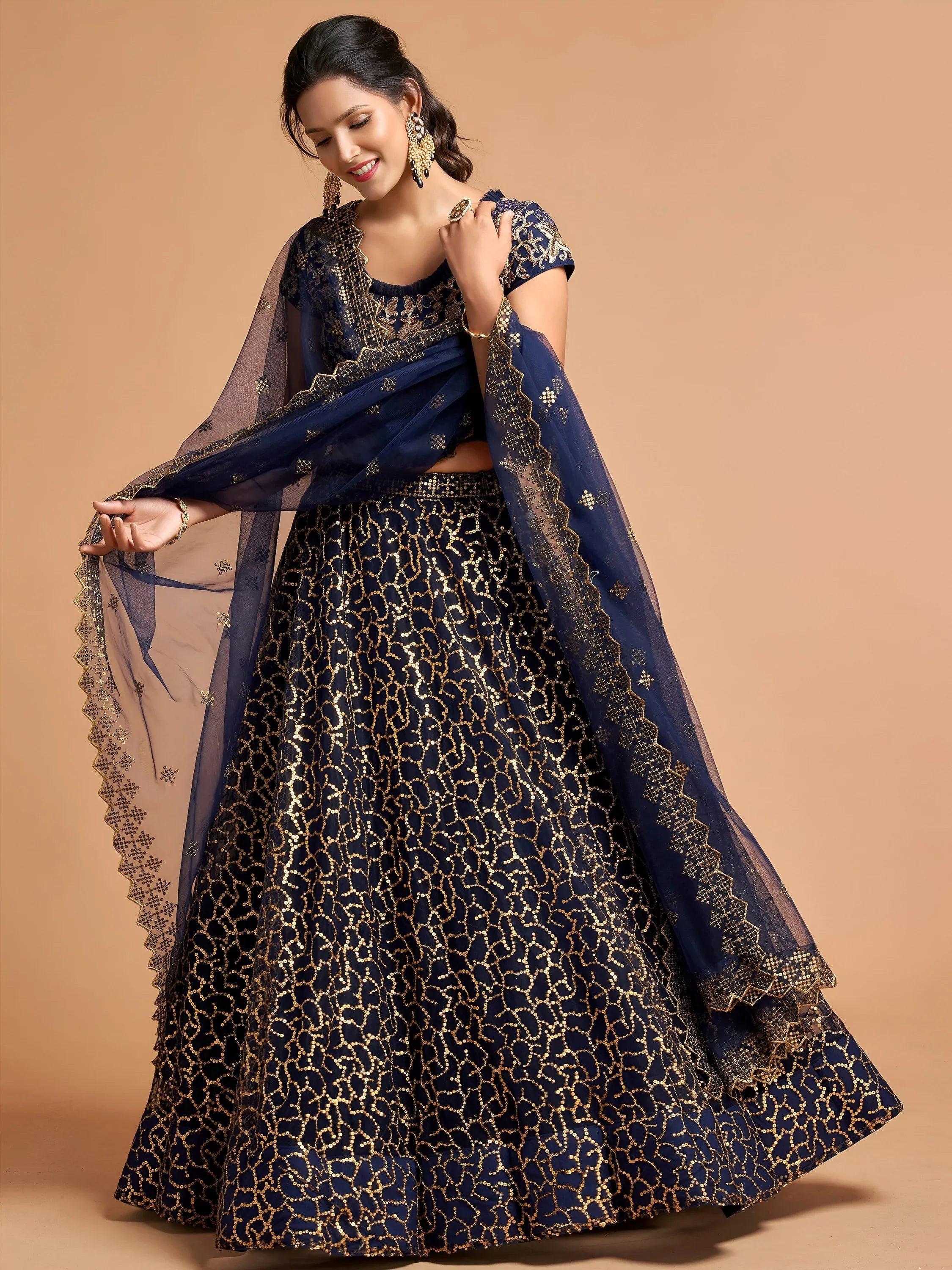 Tulsi Art Navy Blue Thread Embroidered Net Wedding Wear Lehenga Choli - Dista