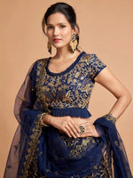 Thumbnail for Tulsi Art Navy Blue Thread Embroidered Net Wedding Wear Lehenga Choli