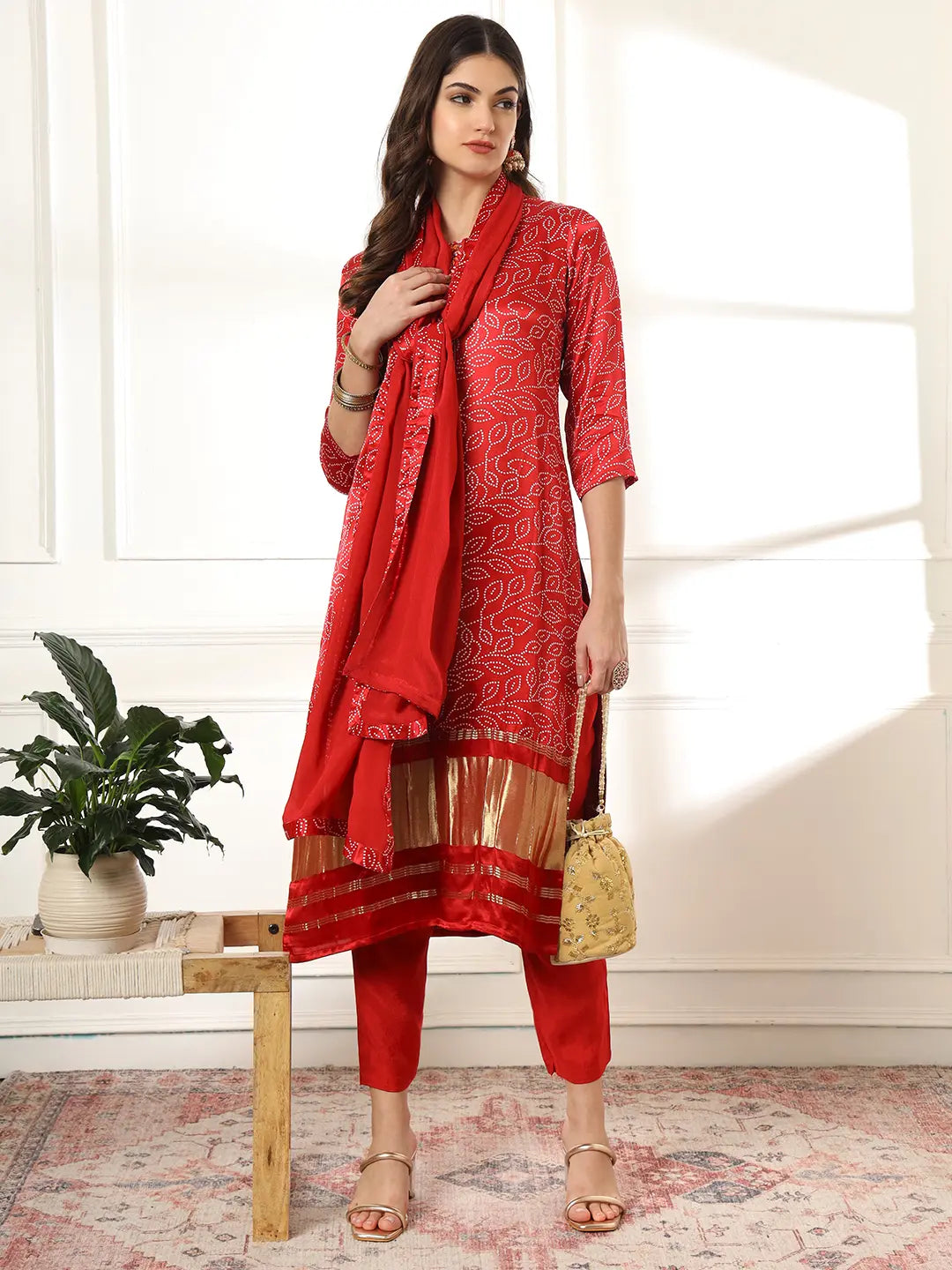 Yufta Maroon Gajji Silk Bandhani embroidered Kurta with Trousers with dupatta Set - Distacart
