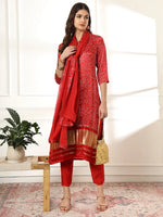 Thumbnail for Yufta Maroon Gajji Silk Bandhani embroidered Kurta with Trousers with dupatta Set