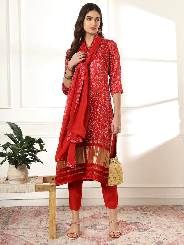 Yufta Maroon Gajji Silk Bandhani embroidered Kurta with Trousers with dupatta Set