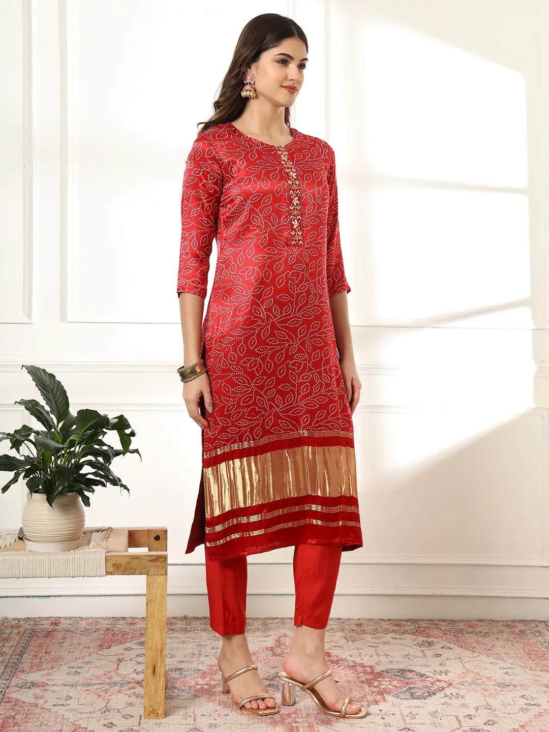 Yufta Maroon Gajji Silk Bandhani embroidered Kurta with Trousers with dupatta Set