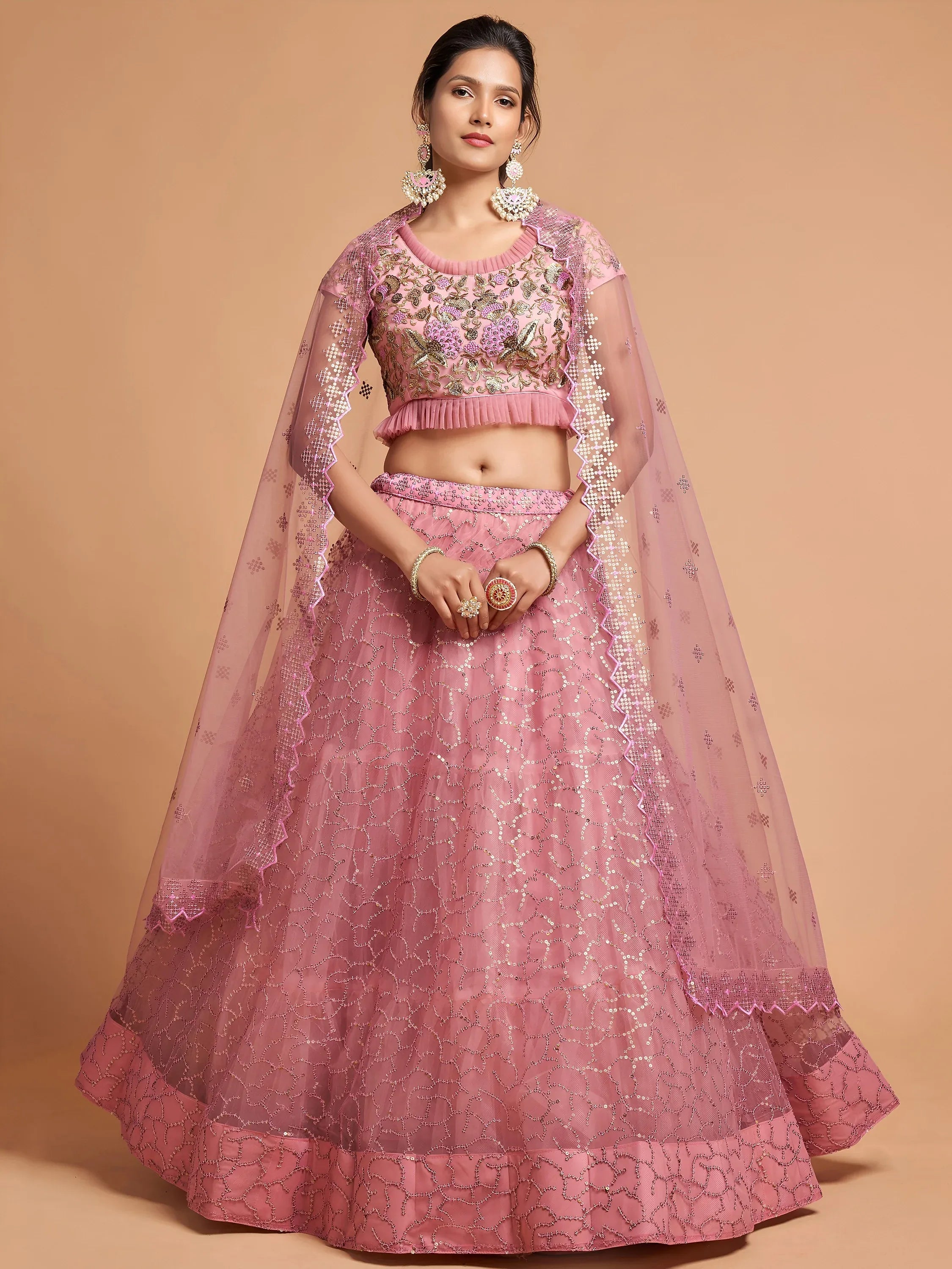 Tulsi Art Blush Pink Dori Thread Embroidered Net Wedding Lehenga Choli