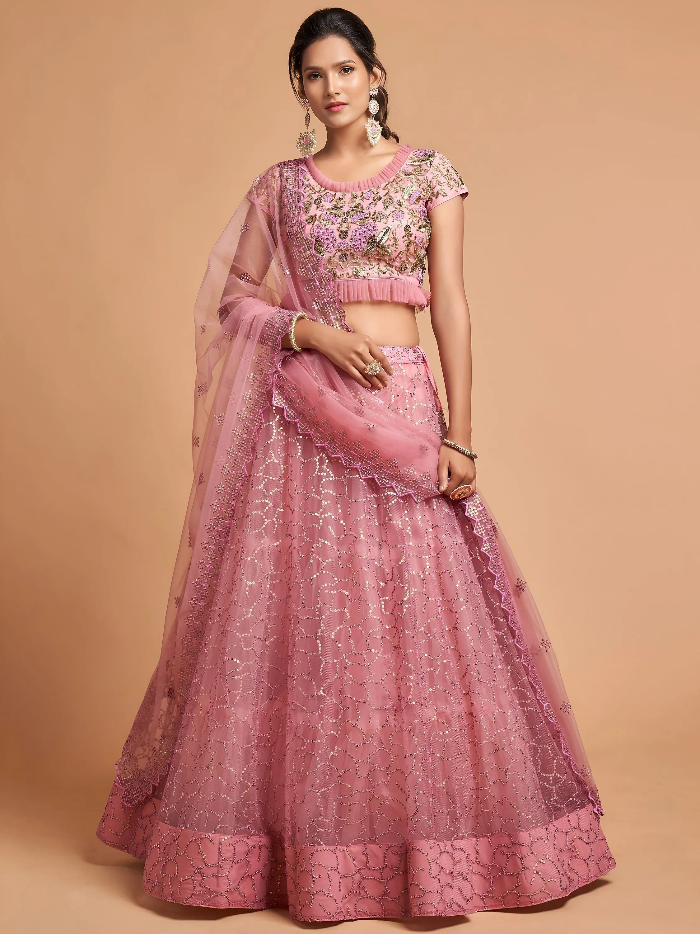Tulsi Art Blush Pink Dori Thread Embroidered Net Wedding Lehenga Choli - Dista