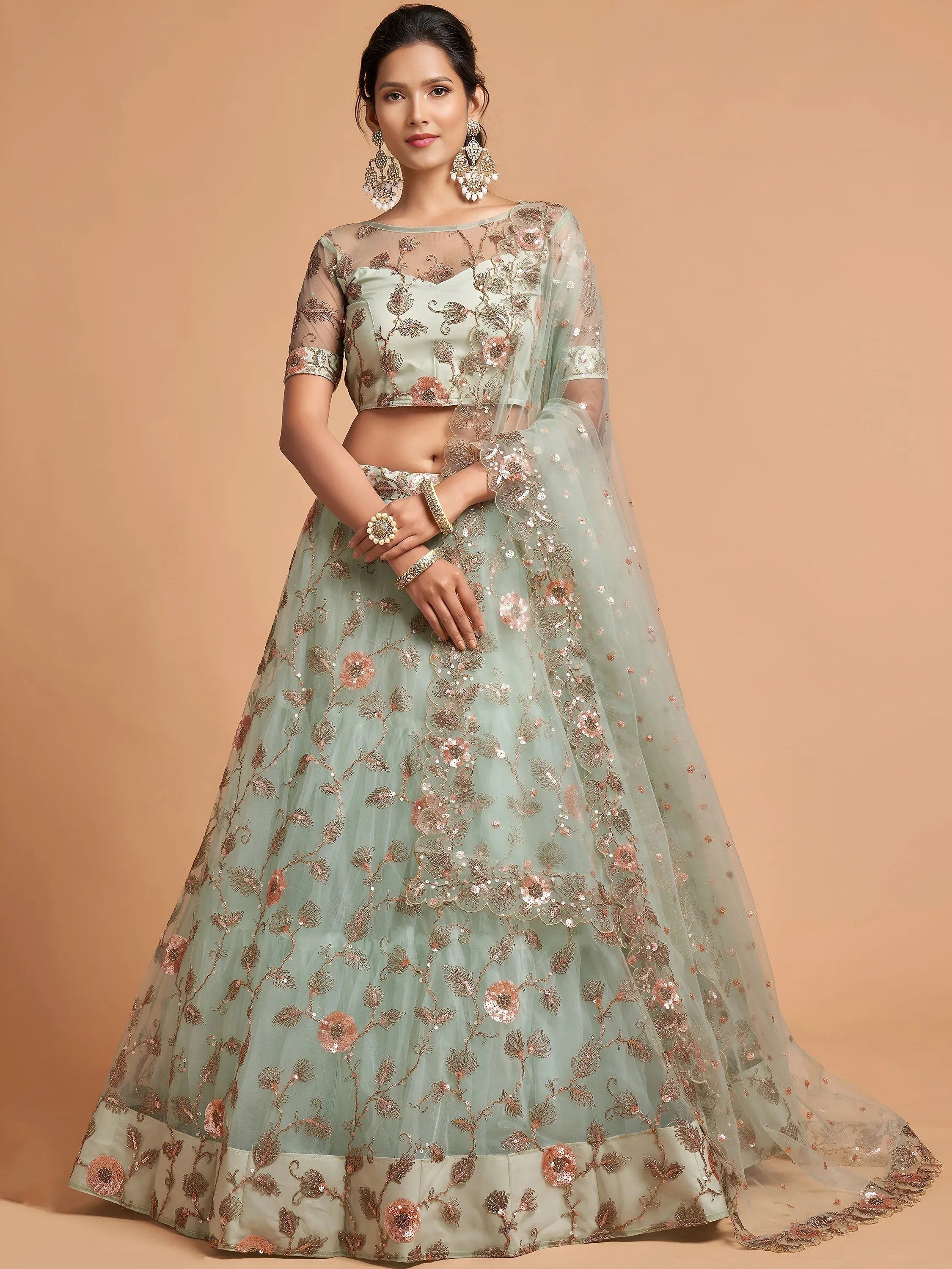 Tulsi Art Pista Green Dori Thread Embroidered Net Wedding Lehenga Choli - Dista