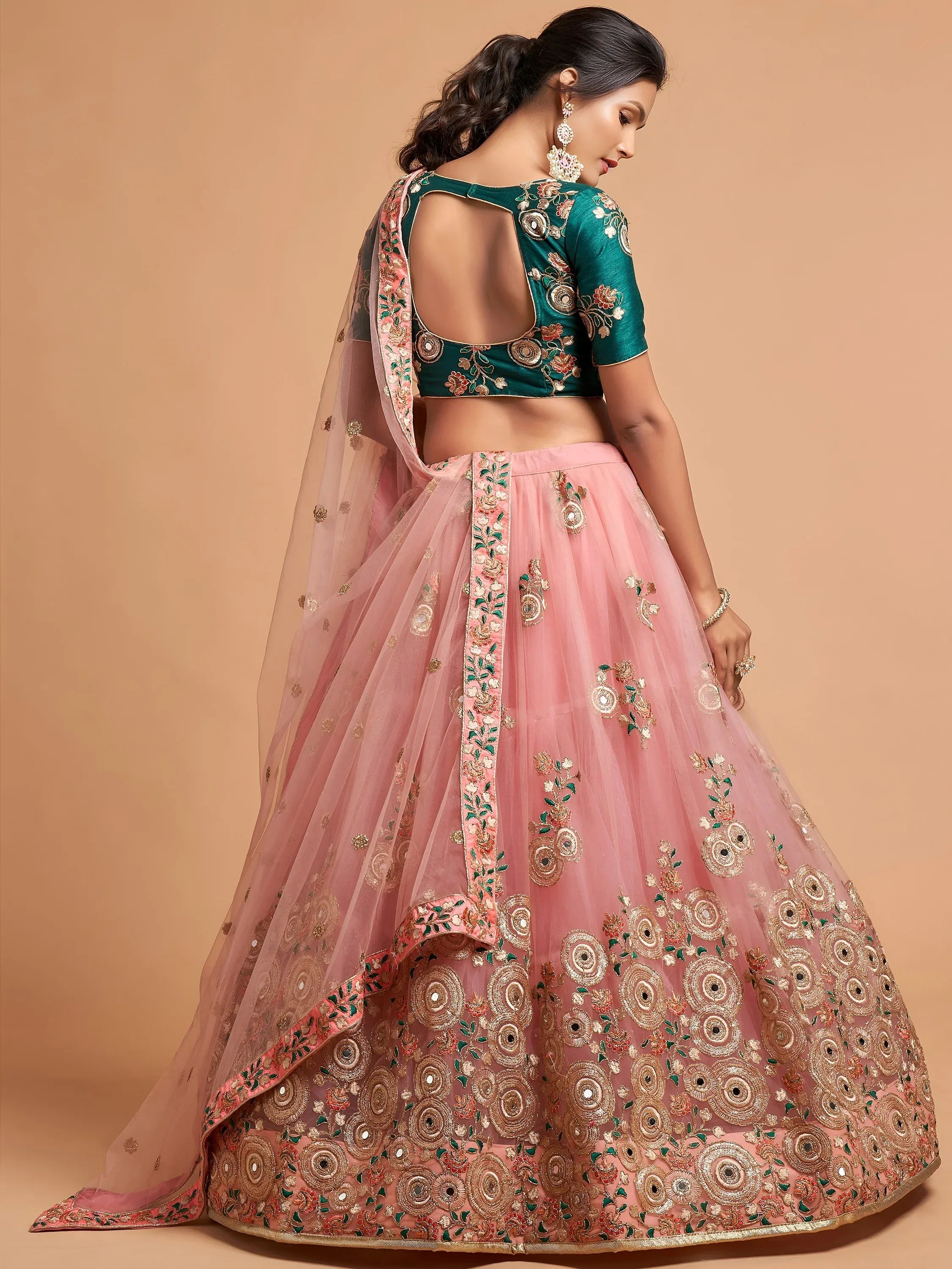 Tulsi Art Peach Thread Embroidered Net Party Wear Lehenga Choli