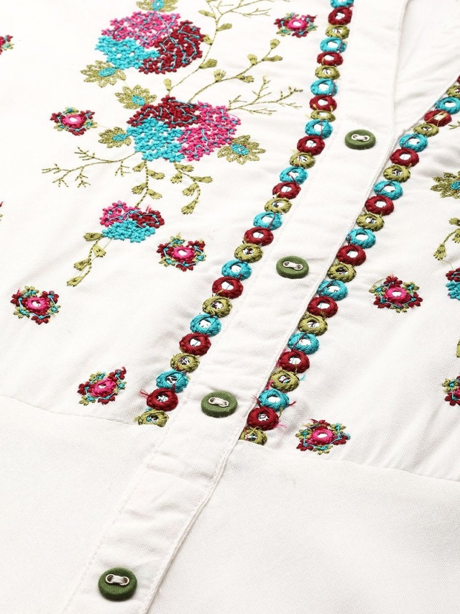 Anouk White Floral Yoke Design Mandarin Collar Mirror Work Cotton A-Line Kurta - Distacart