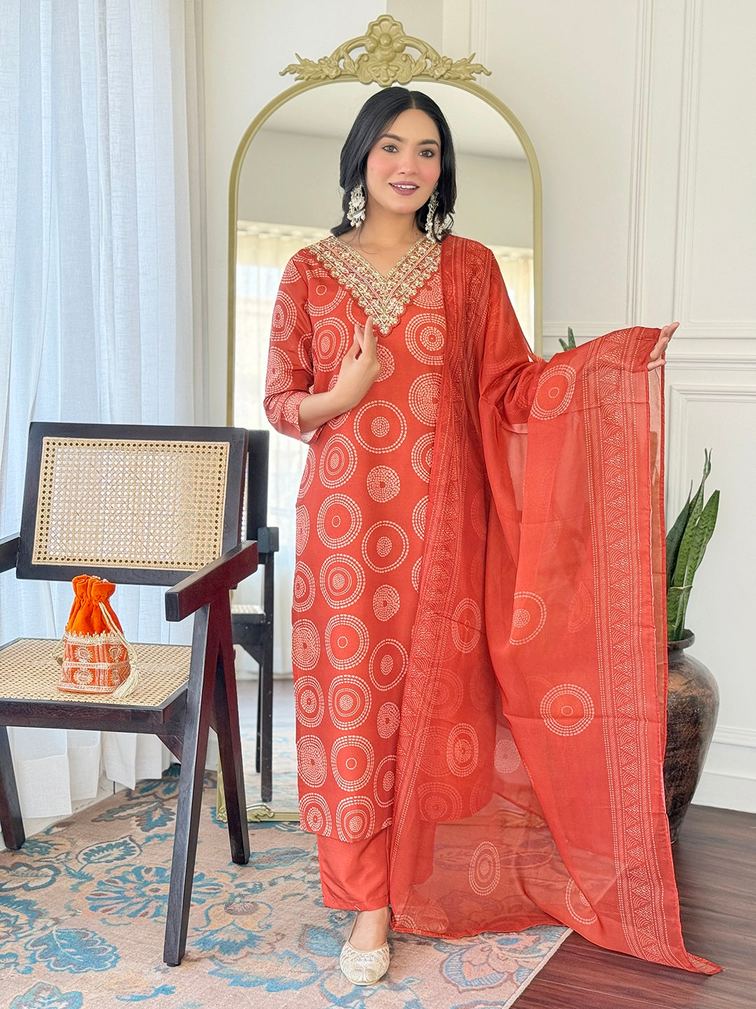 The52 Women's Gorgeous Rayon Embroidery Straight Kurta with Pant And Dupatta Set
