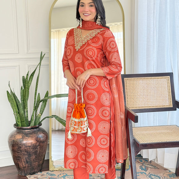 The52 Women's Gorgeous Rayon Embroidery Straight Kurta with Pant And Dupatta Set