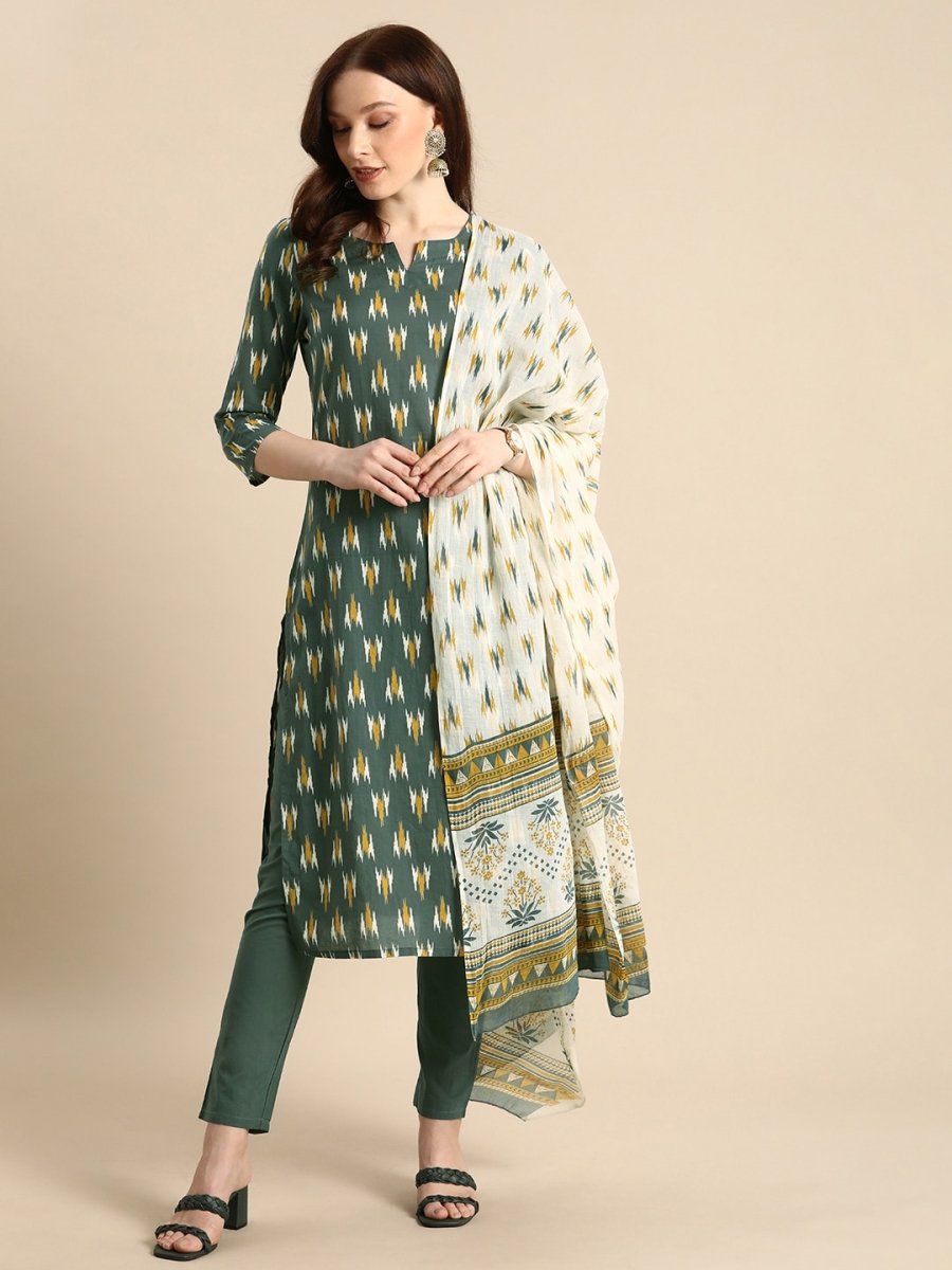 All About You Women Grey Ikat Printed Pure Cotton Kurta with Trousers & Dupatta - Distacart