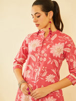 Thumbnail for Soch Floral Printed Thread Work Mandarin Collar Cotton Straight Kurta - Distacart