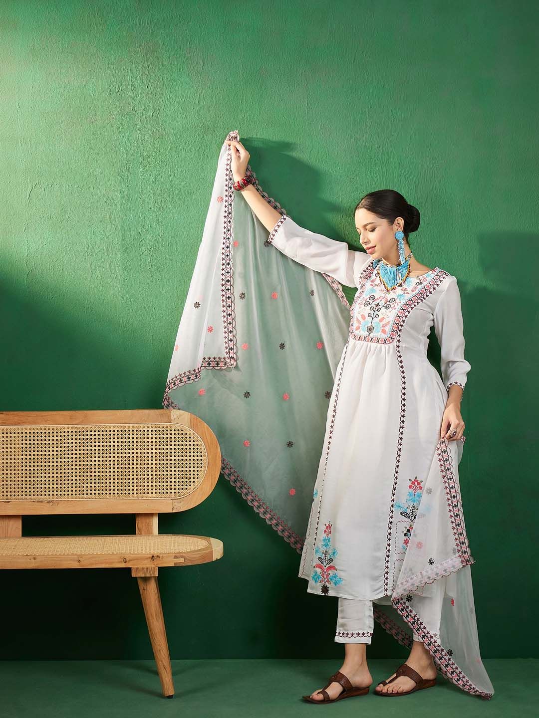 Sangria Off White Embroidered A-Line Kurta With Trouser & Dupatta - Distacart