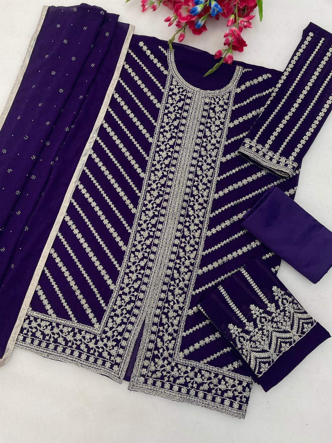 Anaita Violet Georgette Semi Stitched Suit with Embroidery Coding & Sequence Work - Dista