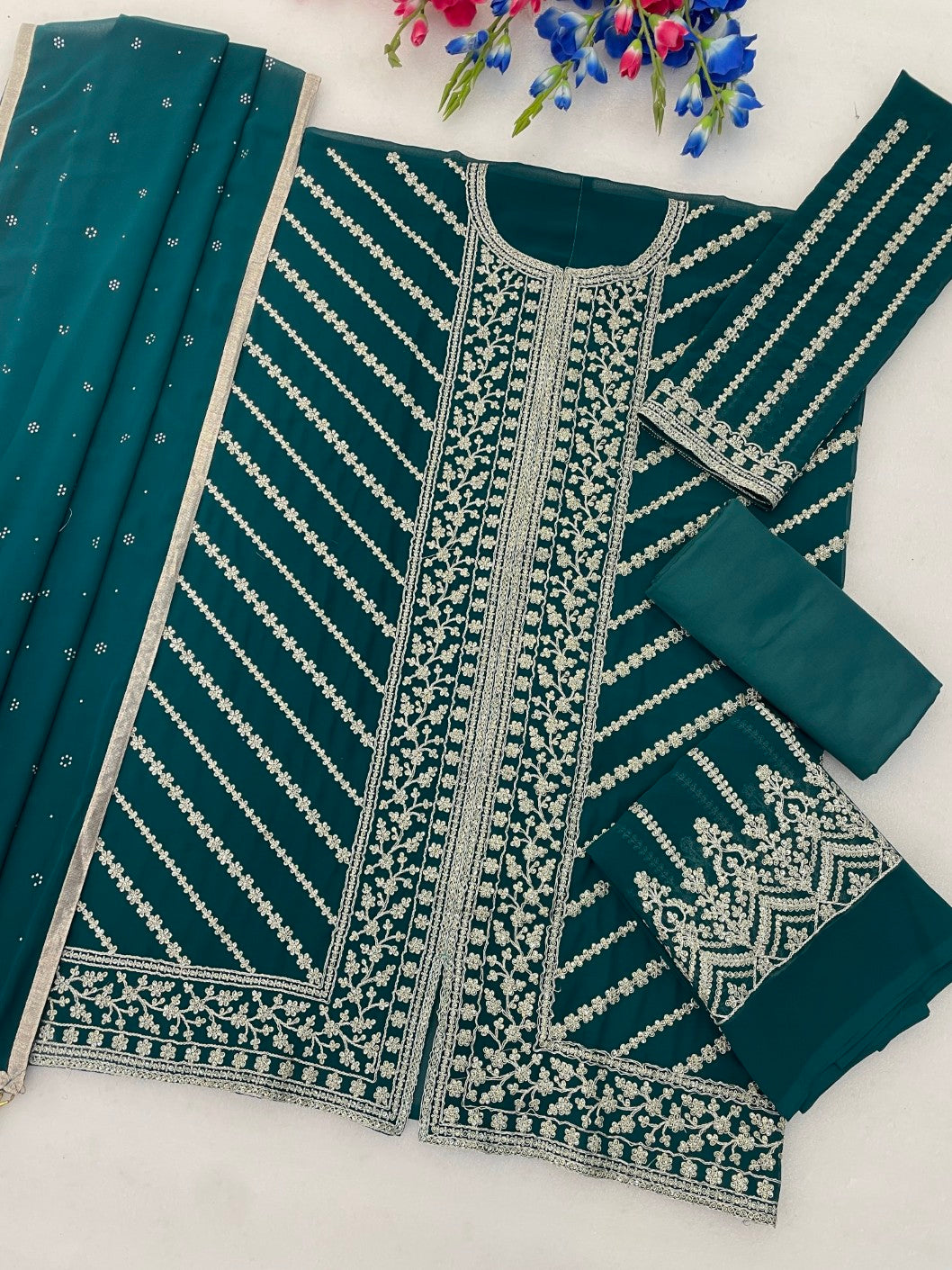 Anaita D Green Georgette Semi Stitched Suit with Embroidery Coding & Sequence Work - Dista