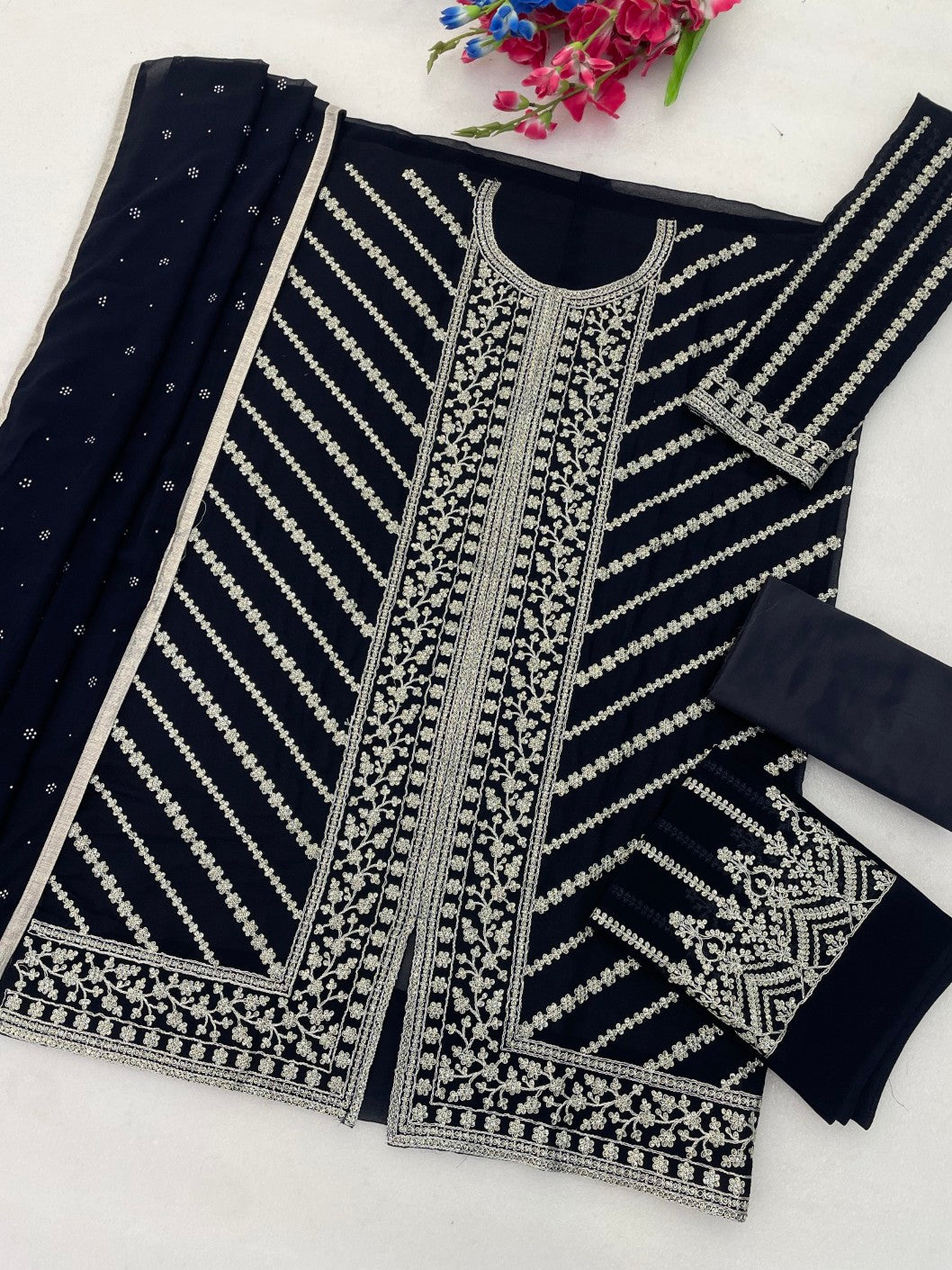 Anaita D Blue Georgette Semi Stitched Suit with Embroidery Coding & Sequence Work - Dista