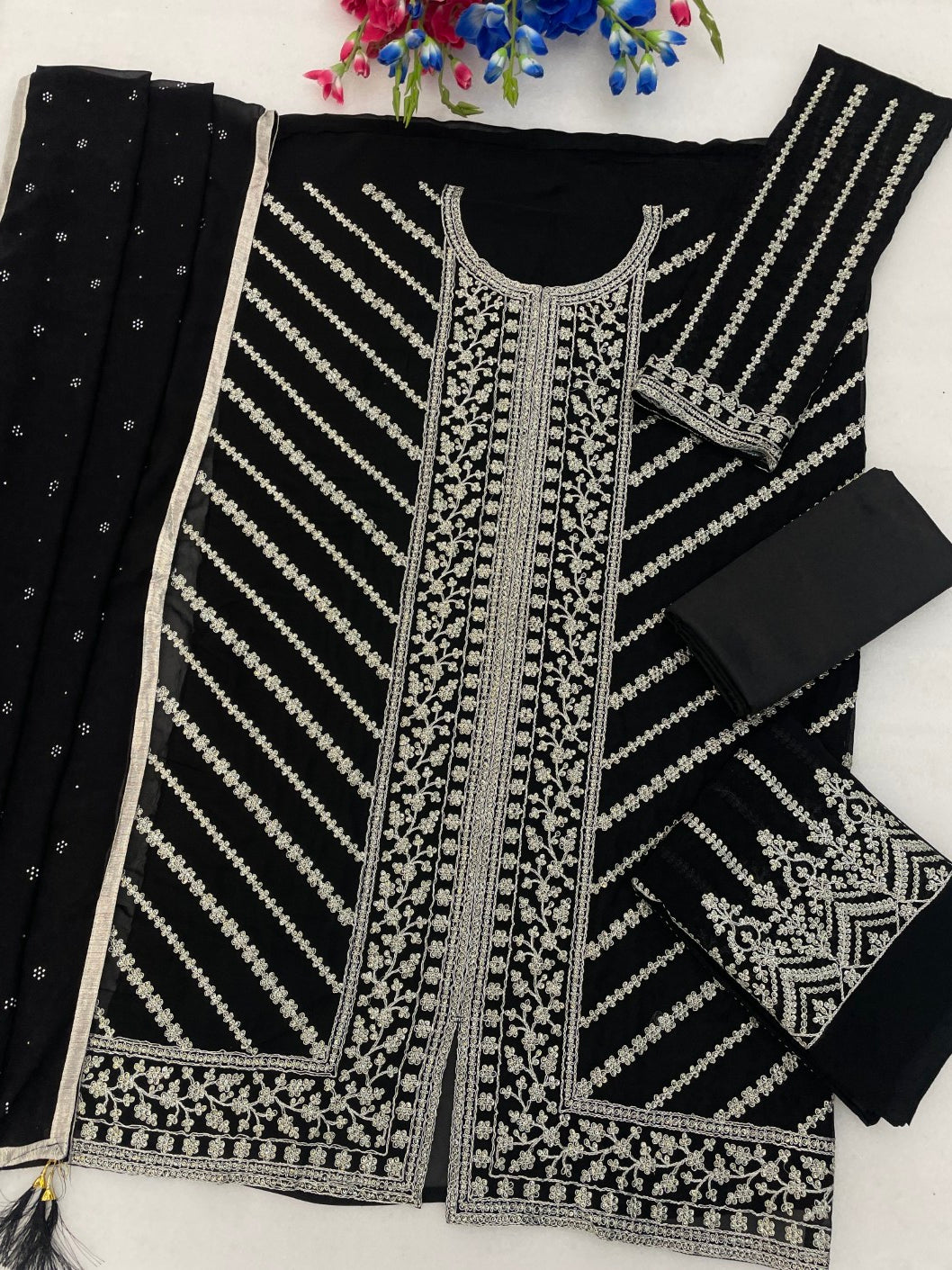 Anaita Black Georgette Semi Stitched Suit with Embroidery Coding & Sequence Work - Dista