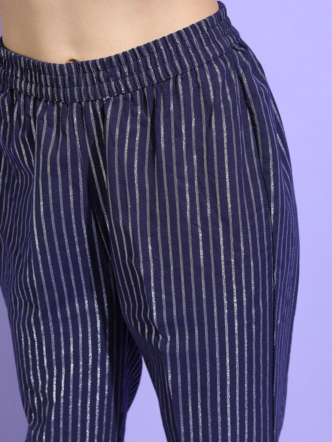 Vishudh Women Blue Striped Pure Cotton Kurta with Trousers & With Dupatta