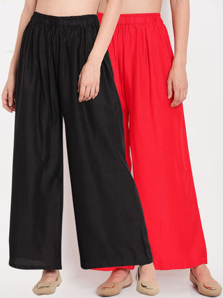 TAG 7 Women Pack of 2 Black & Red Solid Flared Palazzos - Distacart