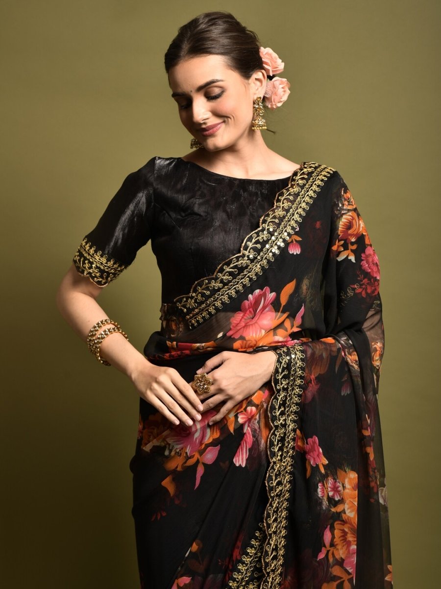 Anouk Black & Orange Floral Printed Embroidered Pure Georgette Saree - Distacart