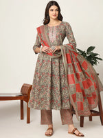 Thumbnail for Yufta Pink And Gray Cotton Dori_Embroidery Anarkali Kurta Dupatta Pant Set