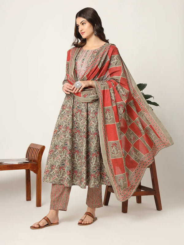 Yufta Pink And Gray Cotton Dori_Embroidery Anarkali Kurta Dupatta Pant Set