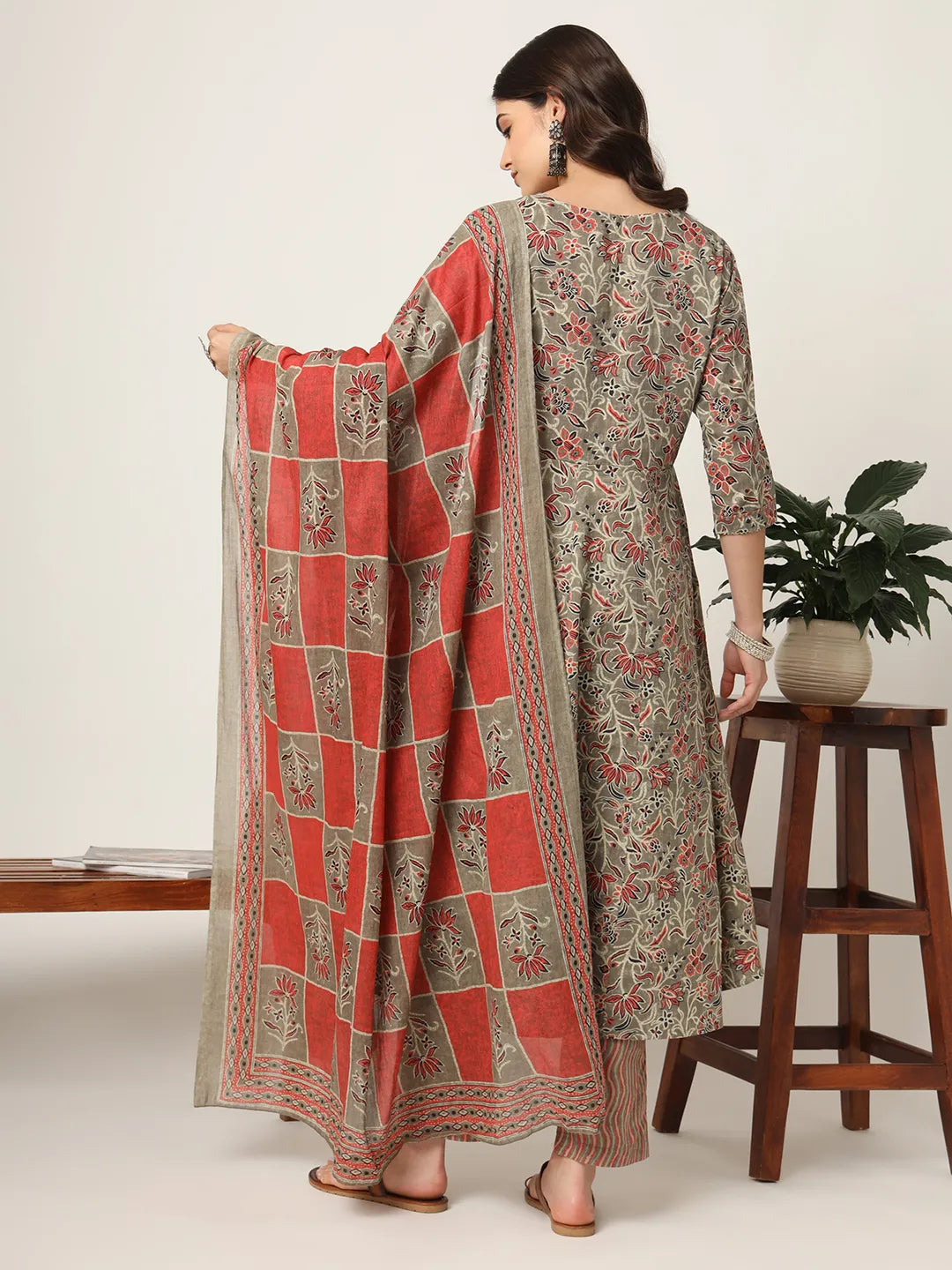 Yufta Pink And Gray Cotton Dori_Embroidery Anarkali Kurta Dupatta Pant Set