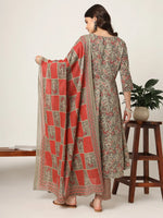 Thumbnail for Yufta Pink And Gray Cotton Dori_Embroidery Anarkali Kurta Dupatta Pant Set