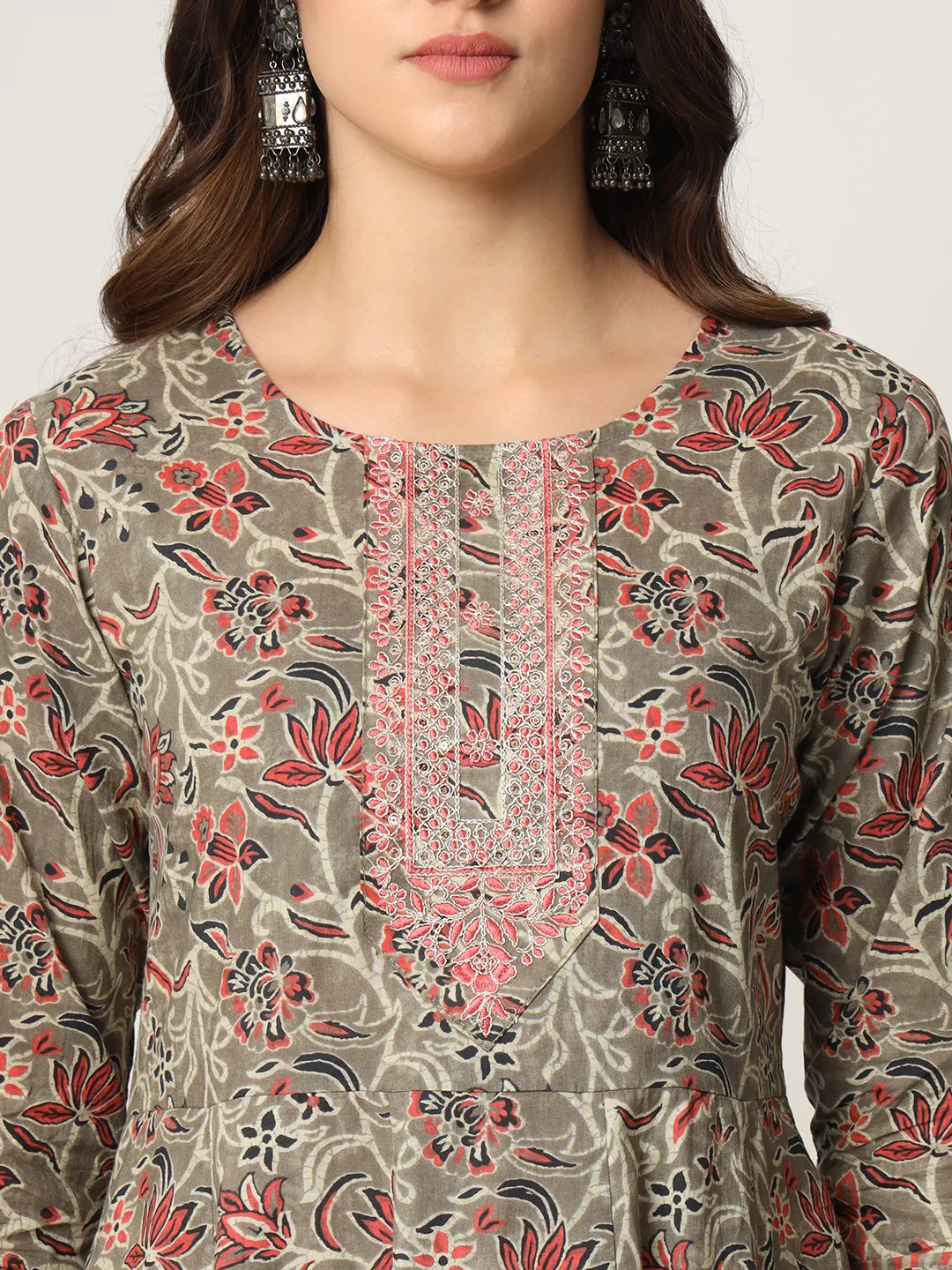 Yufta Pink And Gray Cotton Dori_Embroidery Anarkali Kurta Dupatta Pant Set