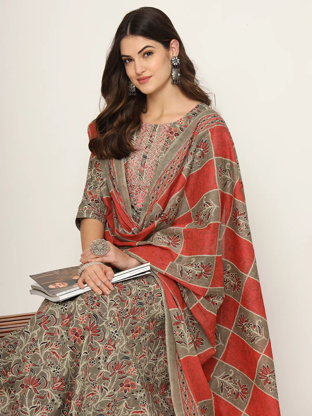 Yufta Pink And Gray Cotton Dori_Embroidery Anarkali Kurta Dupatta Pant Set