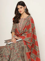 Thumbnail for Yufta Pink And Gray Cotton Dori_Embroidery Anarkali Kurta Dupatta Pant Set