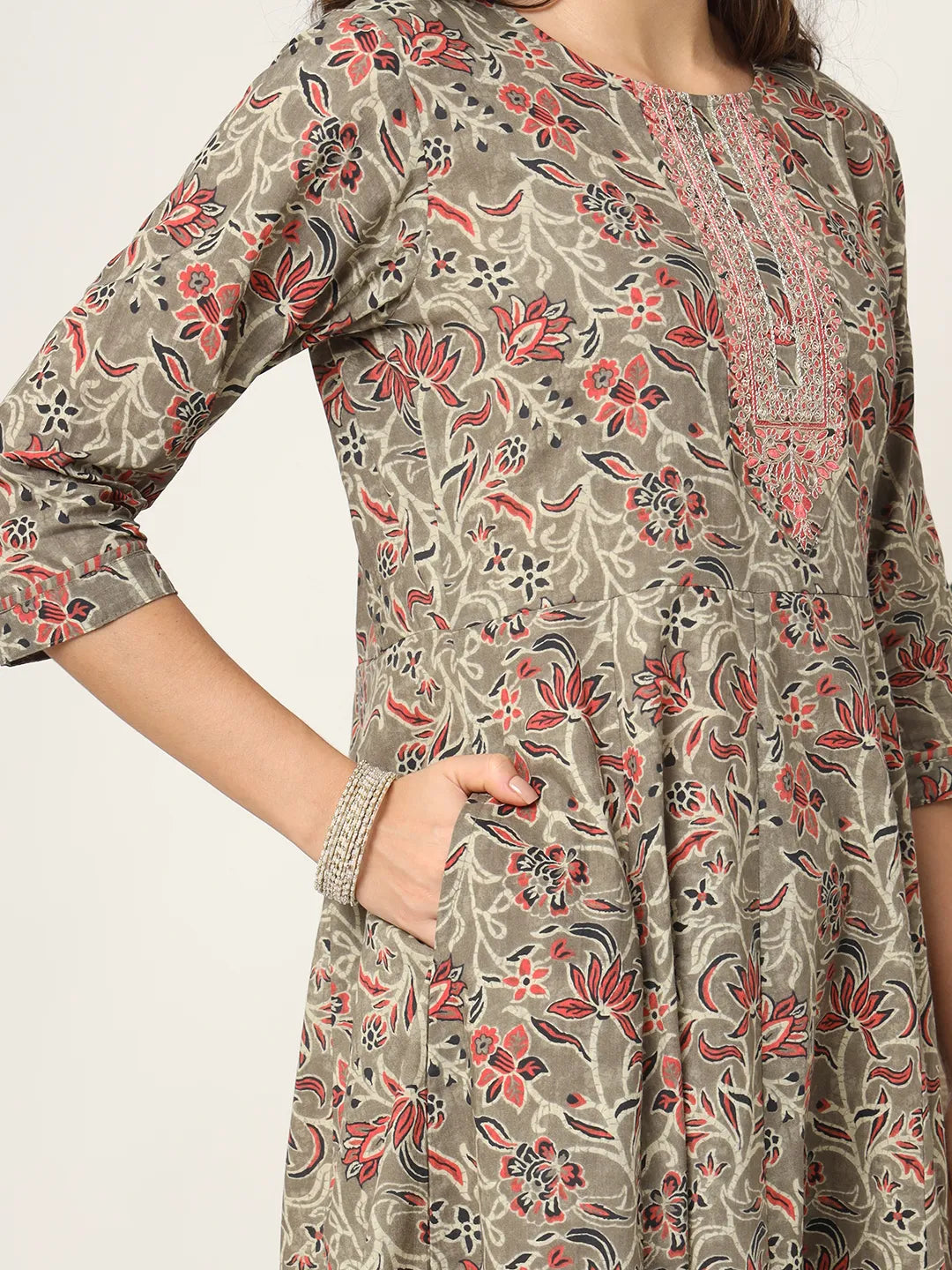 Yufta Pink And Gray Cotton Dori_Embroidery Anarkali Kurta Dupatta Pant Set