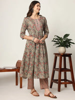 Thumbnail for Yufta Pink And Gray Cotton Dori_Embroidery Anarkali Kurta Dupatta Pant Set