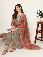Thumbnail for Yufta Pink And Gray Cotton Dori_Embroidery Anarkali Kurta Dupatta Pant Set
