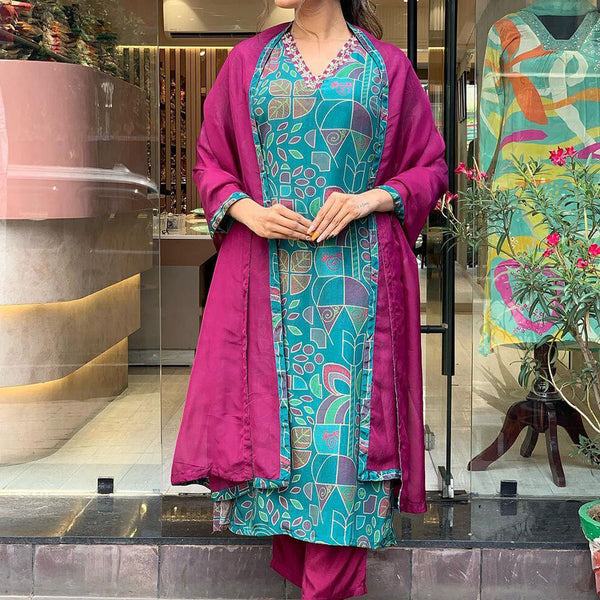 Kalini Floral Printed V-Neck Thread Work Regular Kurta With Trousers & Dupatta - Distacart