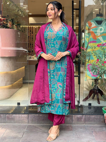 Kalini Floral Printed V-Neck Thread Work Regular Kurta With Trousers & Dupatta - Distacart