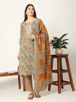 Thumbnail for Yufta Mustard And Gray Cotton Dori_Embroidery Kurta Dupatta Pant Set