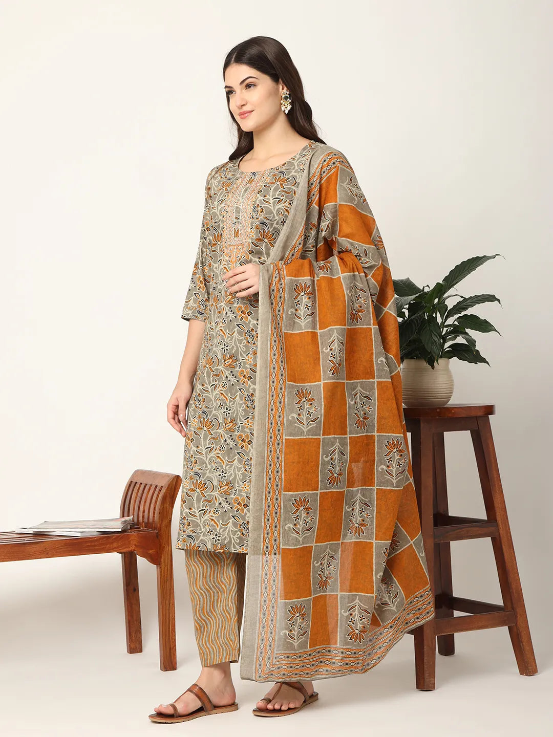 Yufta Mustard And Gray Cotton Dori_Embroidery Kurta Dupatta Pant Set - Distacart