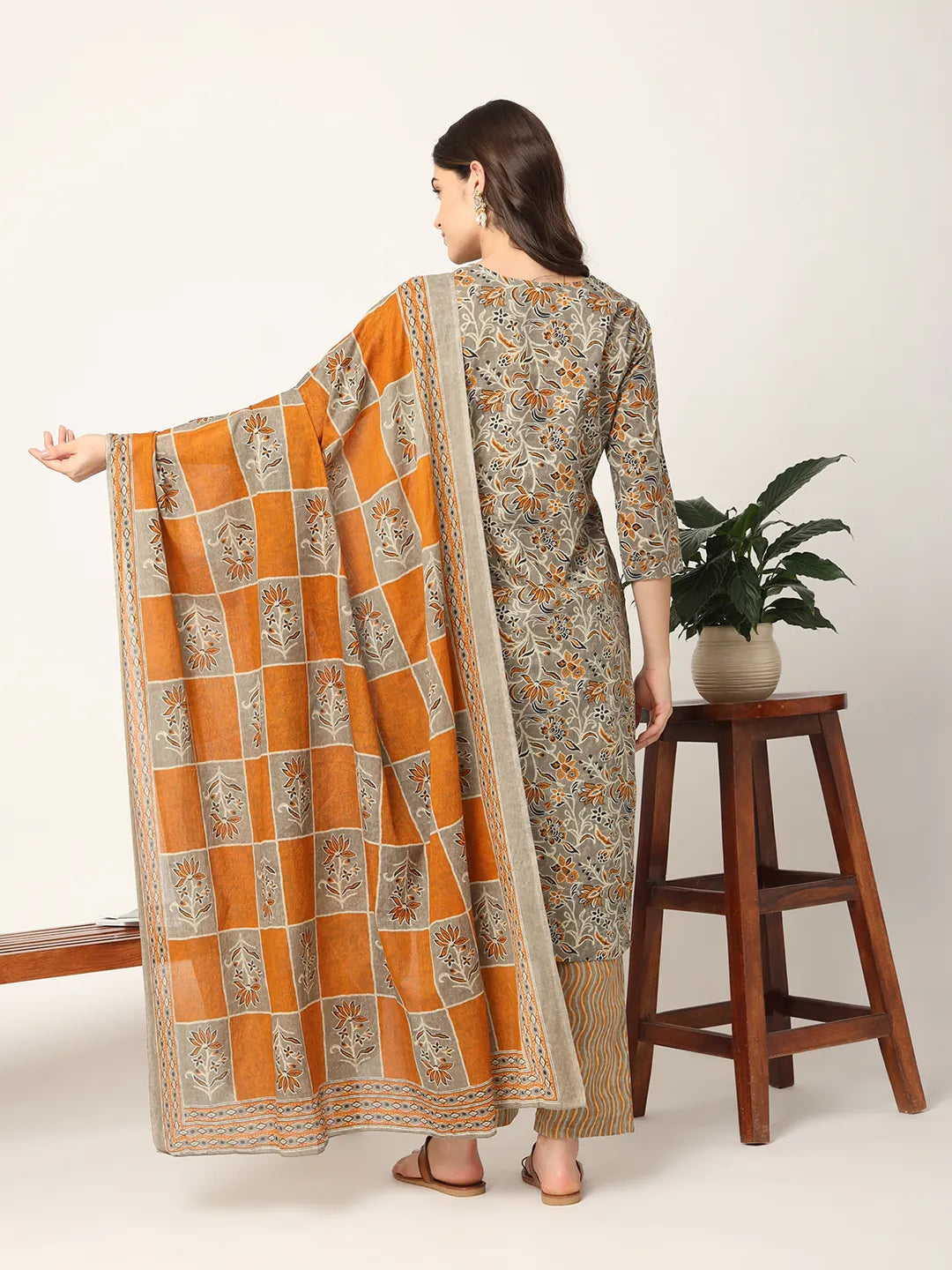 Yufta Mustard And Gray Cotton Dori_Embroidery Kurta Dupatta Pant Set