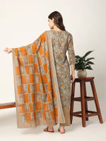 Thumbnail for Yufta Mustard And Gray Cotton Dori_Embroidery Kurta Dupatta Pant Set