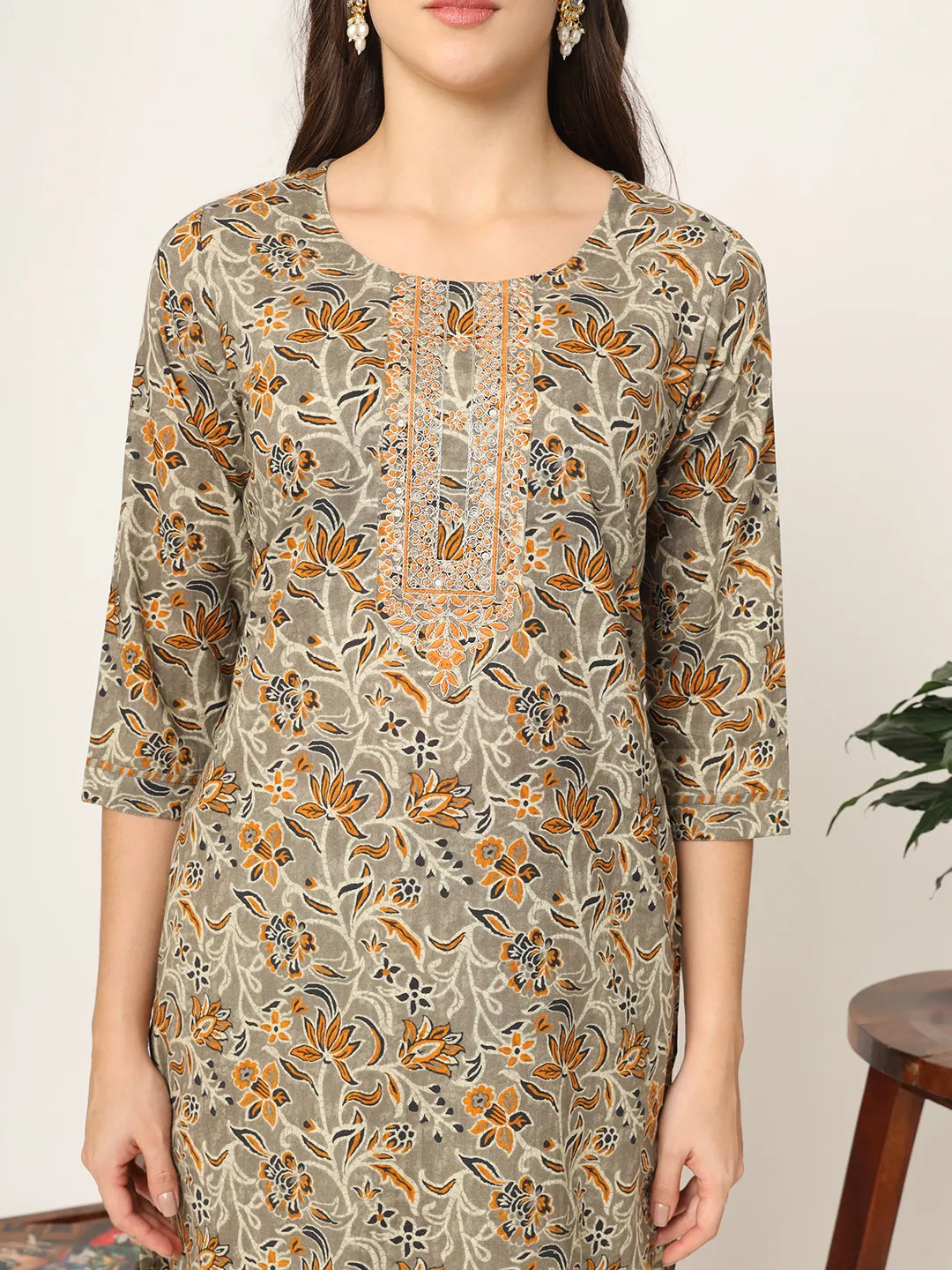 Yufta Mustard And Gray Cotton Dori_Embroidery Kurta Dupatta Pant Set