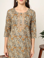Thumbnail for Yufta Mustard And Gray Cotton Dori_Embroidery Kurta Dupatta Pant Set